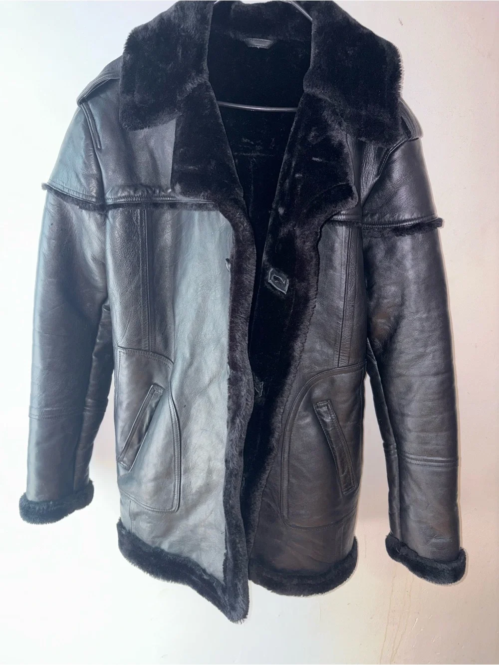 Unisex Black Shearling Leather Coat - Classic Winter Jacket